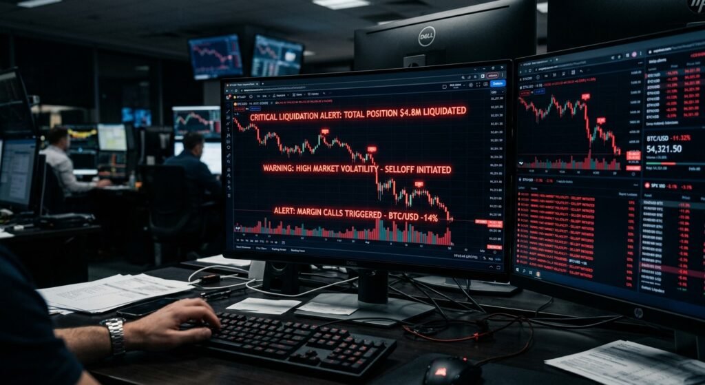 Crypto market liquidation cascade and trading sell-off technical indicators.