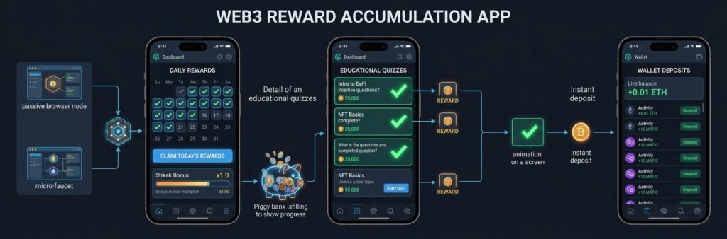 Workflow diagram of micro-tasks and learn-and-earn crypto rewards.