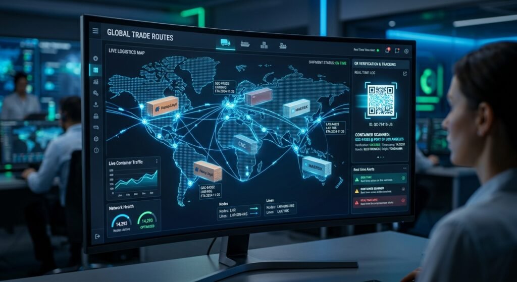 VeChain blockchain supply chain logistics and digital node tracking interface.