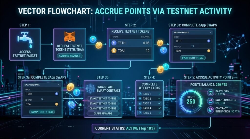 Step-by-step workflow for participating in testnet crypto airdrops.