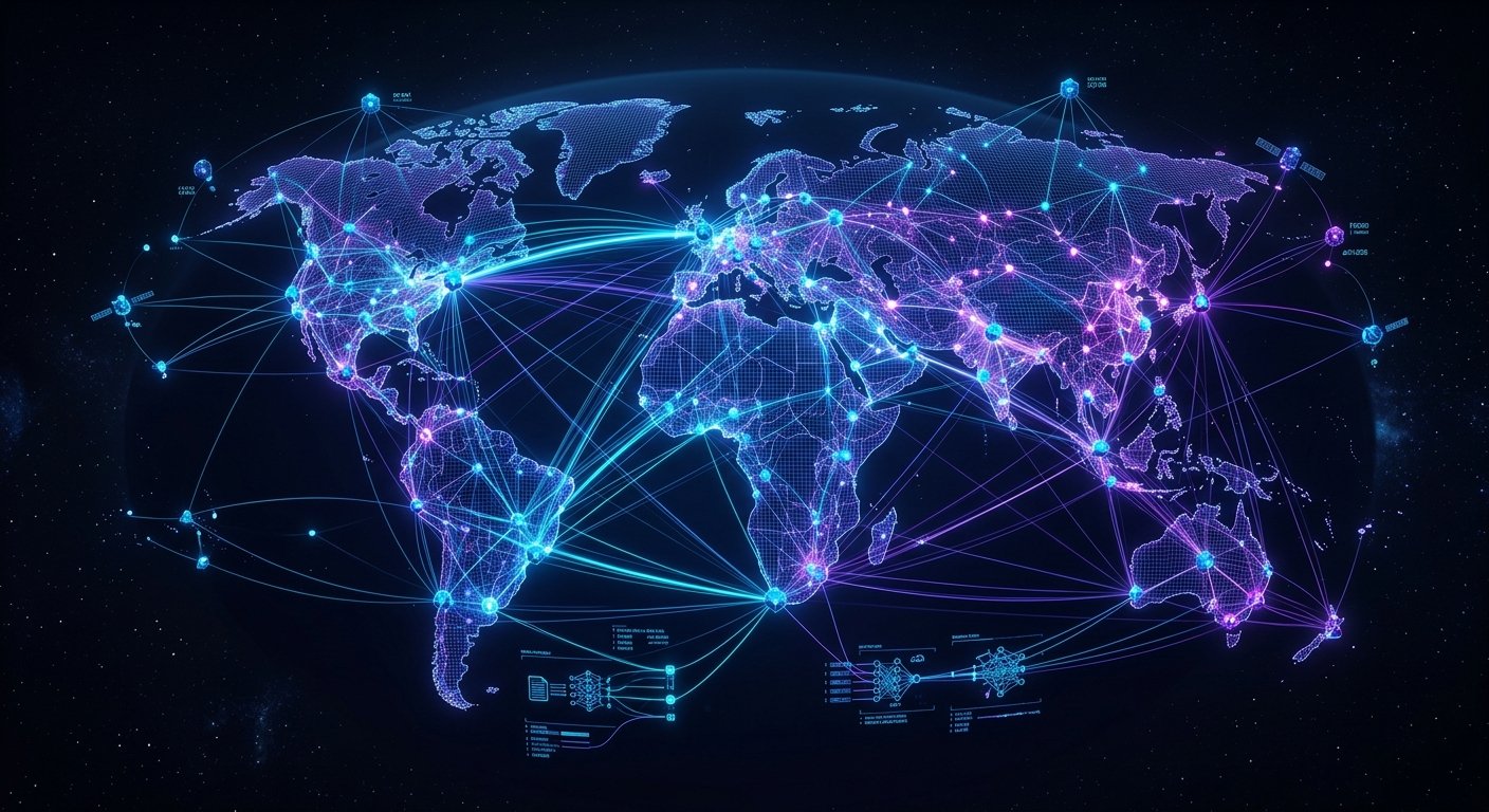 Decentralized neural network nodes representing Bittensor TAO blockchain technology.