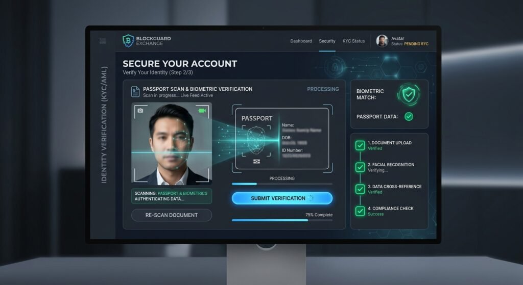 Secure KYC and identity verification screen on a compliant crypto exchange.