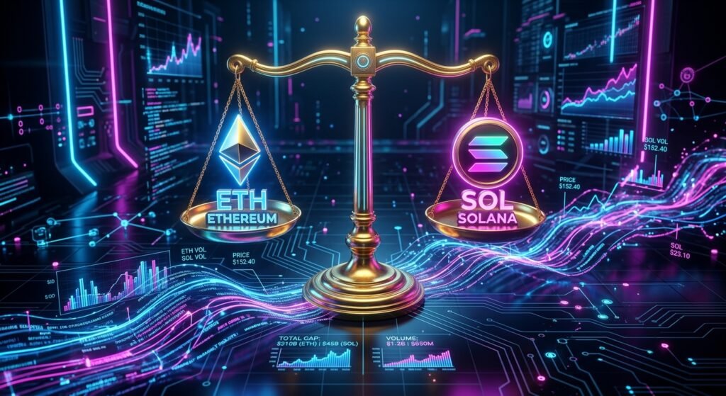 Ethereum and Solana market cap and total value locked comparison chart.